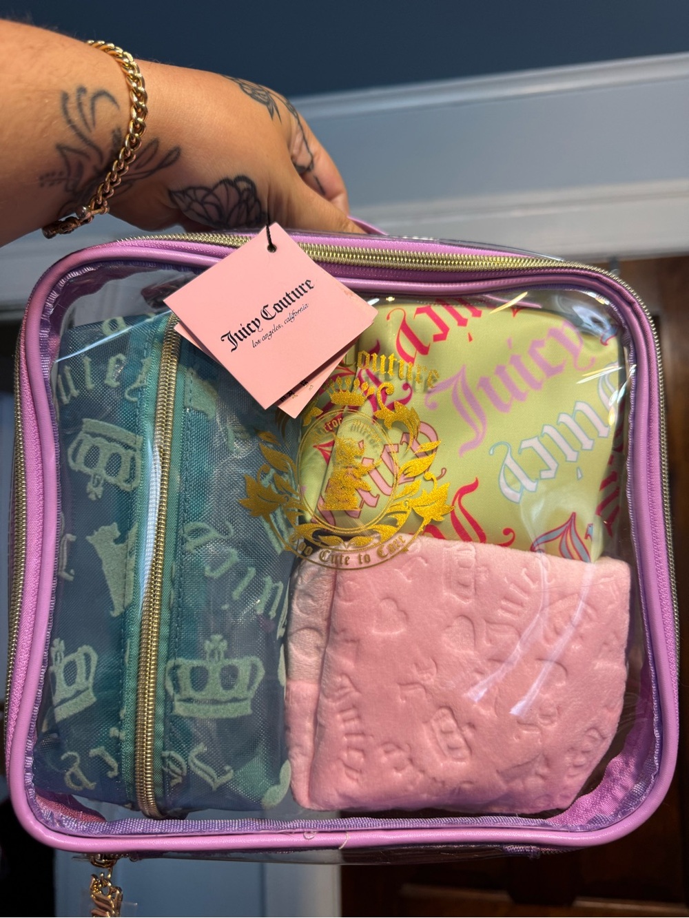 Juicy Couture Clear Cosmetic Case Set - Pink, Lavender, Teal